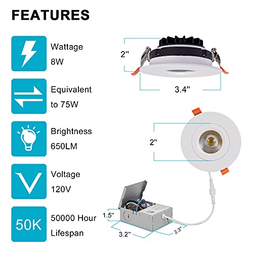 1 Pack 3 Inch Led Recessed Ceiling Light With Junction Box, Airtight Gimbal Eyeball Slim Downlight, Cri80+, 3000K-5000K Selectable, 8W 75W Eqv, 650Lm Dimmable Panel Light - Etl & Energy Star Certified #TOP2