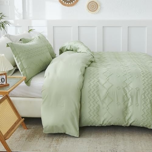 Image of EMME Green Tufted Duvet Cover Set, Boho Bedding for All Seasons - 1 Duvet Cover + 1 Pillowcase (Sage Green, Twin)