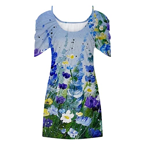 Generic Vestido feminino juvenil de manga curta com ombro vazado, estampa floral, gola redonda, prai