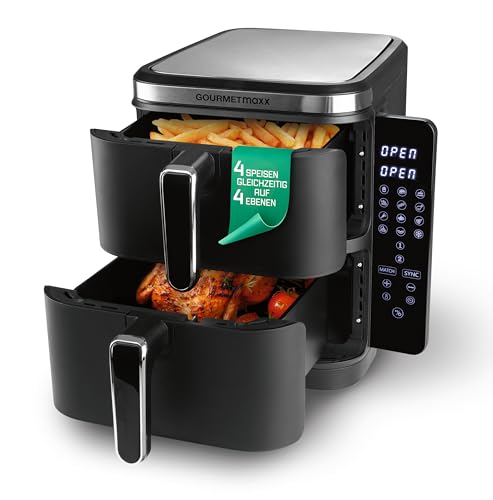 GOURMETmaxx FryUp Vertikale Doppelkammer Heißluftfritteuse | Airfryer 10 Liter | 4 Speisen auf 4 Ebenen | klappbares Touchdisplay | 32% platzsparender | Heißluftfritteuse 2 Kammern