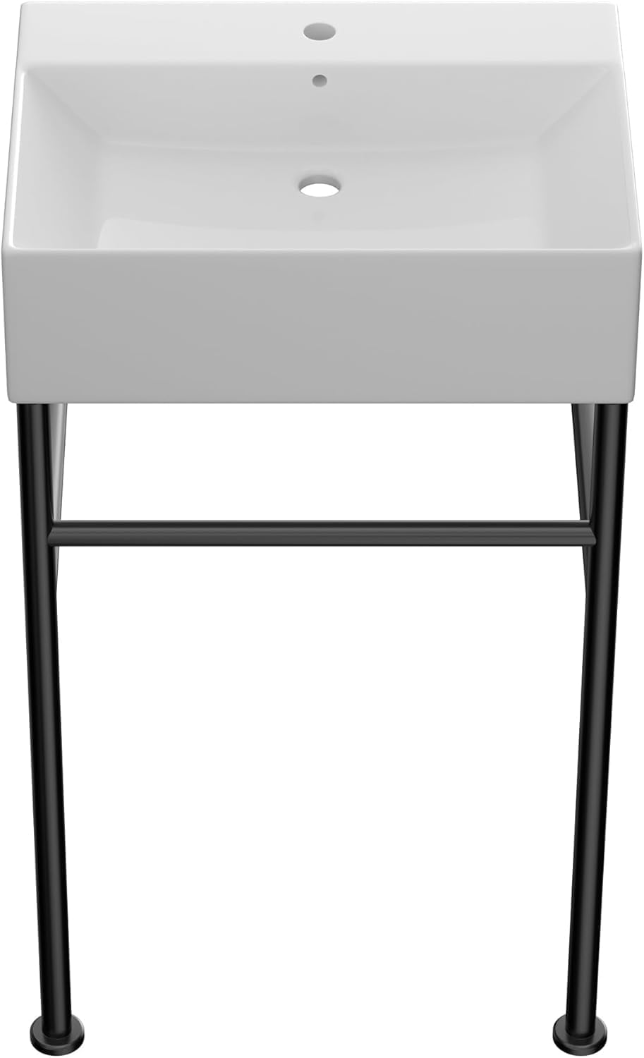 24"x16" Freestanding Console Sink with Black Stainless Steel Pedestal, Modern Rectangular Bathroom Vessel Basin, Wall Mount or Free Standing Ceramic Vanity Sink, Matte Black