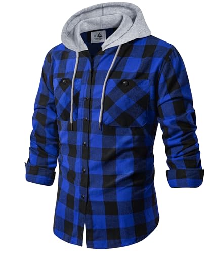 Men's Flannel Long Sleeve Shirts Button Up Hoodie Lightweight Hooded Flannel Shirt for Men Plaid Sweatshirt Men