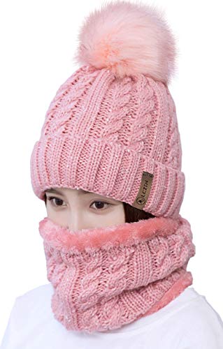 Lcztn Womens Pom Beanie Hat Scarf Set Girls Cute Winter Ski Hat Slouchy Knit Skull Cap With Fleece Lined #TOP7