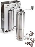 VIENESSO Handkaffeemühle mit Edelstahl-Mahlwerk - Kaffee Mahlen - manuelle Espresso-Mühle mit stufenloser Mahlgradeinstellung, 35g Füllmenge, Coffee Grinder + gratis E-Book! (Silber)