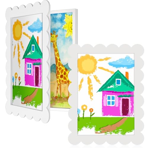 Threehoney 2 Pcs Scalloped Kids Art Frames Changeable 8.5 x 11 Inch Front Opening Kids Art Work Frame White for Hanging 3D Picture Crafts Portfolio Display Storage