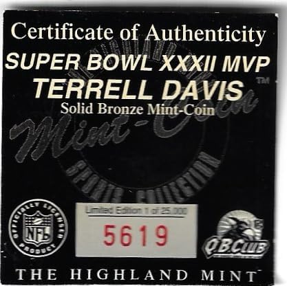Terrell Davis Serial Numbered #5619/25,000 SB XXXII MVP Collectible Highland Mint Football Coin - Solid Bronze Mint Coin (Broncos) Includes Certificate of Authenticity and Holder Box