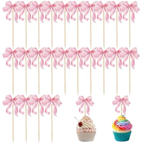 PEUTIER 24pcs Pink Bow Cupcake Toppers Cover