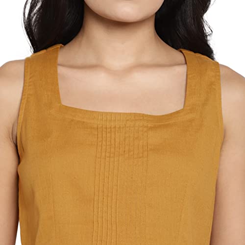 Image of DEEBACO Women's Regular Fit Cotton Pintuck Round Neck Solid Crop Top for Women Stylish Sleeveless One Piece Casual Girl Tops (White, Pink, Mustard)