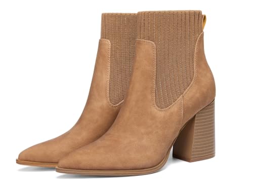 Image of Coutgo Women Ankle Boots Sock Booties Pointed Toe Chunky Stacked High Heel Knit Chelsea Winter Dress Booties