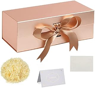 Gift Box Set, Rose Gold Gift Box with Ribbon Large Gift Box With Magnetic Lids 32x22x10cm Gift Box Shredded Tissue Paper Greeting Cards for Christmas Birthday Wedding Anniversary