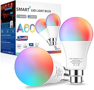 LOHAS B22 WiFi Smart Light Bulb, 10W A60 Smart LED Bulb Bayonet, 850LM, RGBCW 2700-6500K Colour Changing, Dimmable, Work with Amazon Alexa, Google Home and Siri, NO Hub Required, 220V-240V, 2 Packs