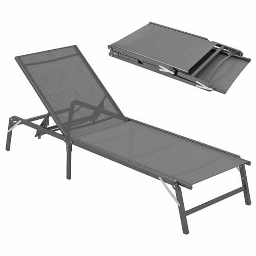 GOPLUS Tumbona de Exterior, Silla Reclinable con Respaldo Ajustable en 6 Posiciones, Marco de Metal, Tejido de Secado Rápido, 2 Ruedas, Capacidad de 180 kg, para Patio, Jardín, Terraza (Gris)