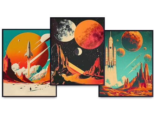 Space Wall Art Set for Kids - Boys Room Decor Wall Collage - Outer Space Themed Bedroom Decor for Boys - Vintage Retro Bedroom Prints - Moon - Orange Blue Mid Century Modern Prints
