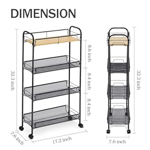 KINGRACK 4-Tier Slim Rolling Cart,Metal Utility Cart,Slide Out Storage Cart with Wooden Tabletop and Mesh Baskets for Narrow Space on Kitchen Bathroom Laundry Room Bedroom Apartments Dormitory, Black KINGRACK 4 Tier Slim Rolling CartMetal Utility CartSlide Out Storage Cart with Wooden Tabletop and Mesh Baskets for Narrow Space on Kitchen Bathroom Laundry Room Bedroom Apartments Dormitory Black