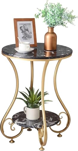 Image of Modern Double-Top Coffee Table with Rustic Farmhouse Accent, Multipurpose Living Room Bedroom, Two-Tier Small Sofa Side Bedside Table with Metal Frame Nightstand (Gold Black)