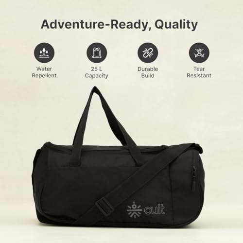 Image of Cult 25 Litre Gym /Duffle Bag for Men & Women - Water-Resistant Sports & Travel Bag with Spacious Main Compartment, Side Mesh Pocket, Durable Zippers & Adjustable Shoulder Strap - Black