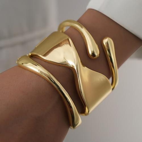 KISS WIFE 3 Pcs Chunky 14k Gold Plated Bangle Bracelets for Women, Dainty Stackable Cuff Set with Open Spring Buckle, Trendy Layered Design, Ideal for Thin Wrists, Fashion Jewelry Gift2