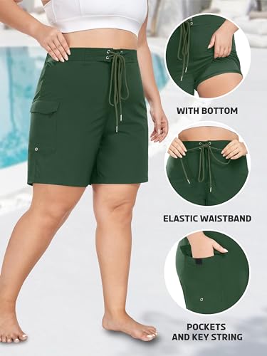 Foreyond Women'S Plus Size Board Shorts Quick Dry Swim Shorts High Waisted Swim Pants With Pockets Liner Trunks Dark Green thumb #3