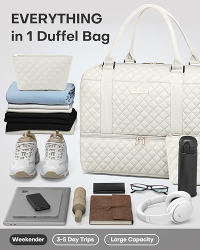 Image of HOTOR Travel Duffel Bag - Weekender Bags for Women, Carry On Gym Tote Bags | with Toiletry Bag & Shoe Compartment, Overnight Bag for Travel Essentials and Travel Accessories, Beige, 13.4 inchx17.3 inchx7.9 inch
