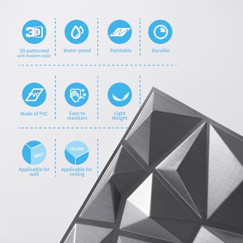 Art3d Decorative 3D Wall Panels in Diamond Design, 12"x12" Silver for Home and Office Decor (33 Pack) - Image 6