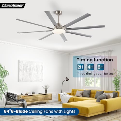 Conciseer Modern Ceiling Fans with Lights, 84 Inch Ceiling Fan with Light and Remote,Living Room Library Cafe Outdoor/Industrial, 3CCT 8 Aluminum Blades 6 Speed Reversible Quiet DC Motor, Sand-nickel - Image 2