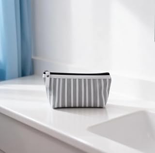 Cosmetic Organizer Pouch - Striped Travel Toiletry Bag for Makeup & Essentials (Black)