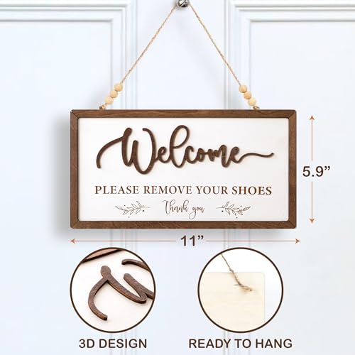 Image of Woodamore Welcome Please Remove Your Shoes Sign - Please Take Your Shoes Off Sign for Front Door, No Shoe Signs for House, Take Off Your Shoe Signs for home