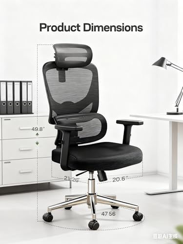 Marsail Ergonomic Office Chair with Adjustable Lumbar Support & 2D Headrest, Breathable Mesh Desk Chair with Adjustable Arms, Swivel Rolling Task Chair for Home Office, Black - Image 2