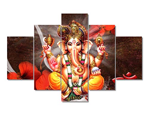 Tumovo Bedroom Decor Wall Art Indian Ganesha Wall Decor 5 Panel Wall Decoration For Living Room Hindu God Poster Artwork For Home Walls Home Decor Giclee Wooden Framed Ready To Hang (60''Wx40''H) #TOP13