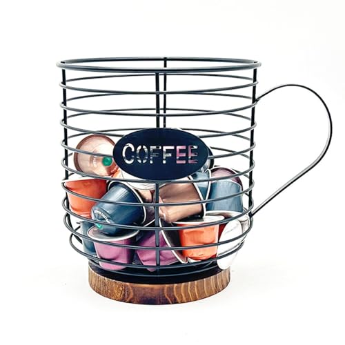 Coffee Pod Holder,Coffee Pod Holders for Counter, Coffee Bar Accessories, Coffee Table Organiser, Large Capacity Black Wire Kup Storage with Wooden Base, Kitchen Countertop,Coffee Bar,Office (black)