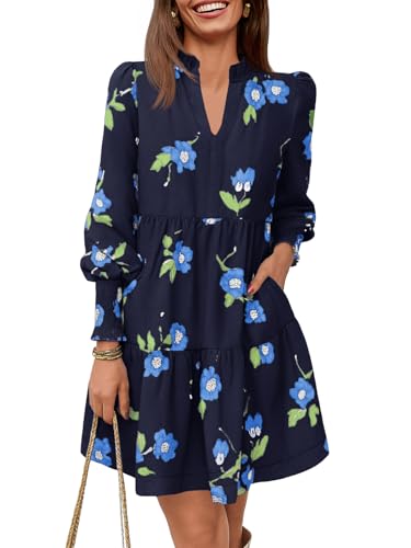 Image of Imily Bela Womens Fall Long Sleeve Tunic Dress Casual V Neck Tiered Dress | Loose,Swing,A-Line,Ruffled Collar,Puff Balloon Sleeve,Smocked Elastic Cuffs,Tiered Layered Ruffle Hem,Babydoll,Loose,Mini