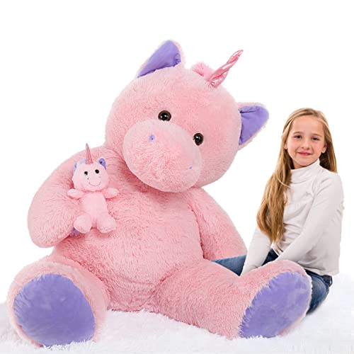 MorisMos Giant Stuffed Unicorn 4 feet, 51'' Giant Unicorn Stuffed Animal, 2-in-1 Big Stuffed Unicorn & Baby Unicorn Doll, Pink Unicorn Stuffed Animal for Girl Mom on Birthday, Mother's Day, Christmas