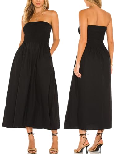 Image of Aigeman Women Strapless Tube Maxi Dress Flowy Swing Long Beach Sundress Sleeveless Boho Summer Dress with Pokets 330