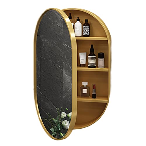 CVERTHAF Mobiletto per Il Bagno Moderno con Specchio Ovale, antiappannamento e Contenitore, a Parete, in Legno, con Elegante Finitura Oro Chiaro (40 * 70 * 14 cm)