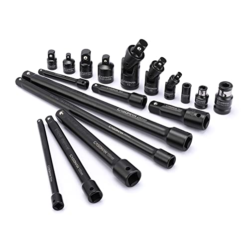 CASOMAN 18-Piece Drive Tool Accessory Set, Premium CR-V Steel with Black Phosphate Finish, Includes Socket Adapters, Extensions and Universal Joints and Impact Coupler, Professional Socket A