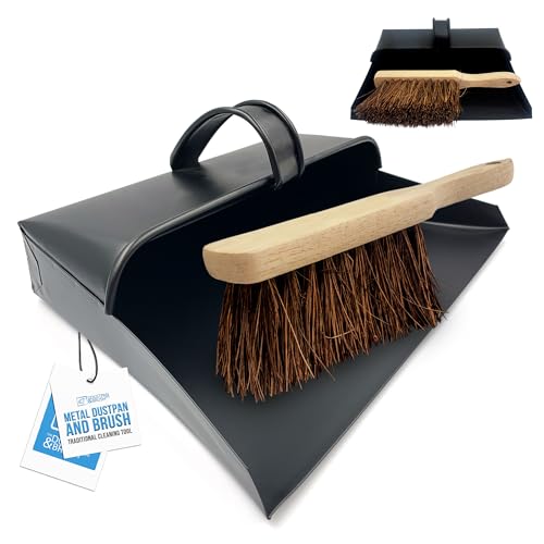 Recogedor de Polvo de Metal con Capucha Negra y Cepillo rígido, recogedor de Cenizas Tradicional y Cepillo