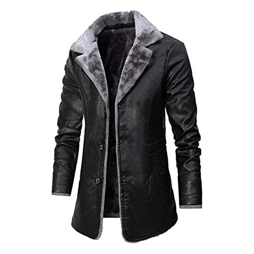 RTRDE Mens Faux Leather Coat Lapel Collar Sherpa Lined Jacket Winter Warm Pea Coat Work Jacket, XL-4XL3