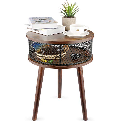 BATHWA Table Couchtisch Coffee Table, runder Nachttisch mit Ablagekorb, Wohnzimmer Sofatisch Beistelltisch, Metal und Holz
