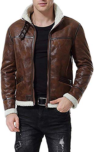 Men's Faux Leather Jacket Brown Motorcycle Bomber Shearling Suede Stand Collar Zipper Warm Heavyweight Coat