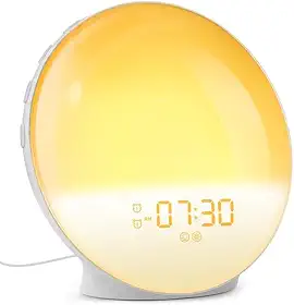 Dekala Despertadores nascer do sol para pessoas com sono pesado, acordar com luz do nascer do sol, rádio FM, alarmes altos duplos com sons de ruído branco, luz noturna de 7 cores para quartos, adultos