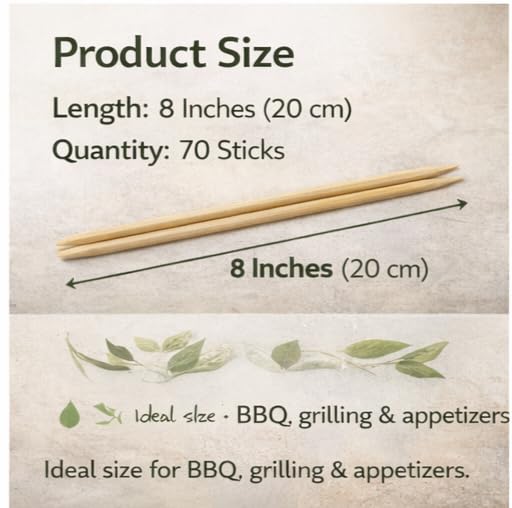 Eco Evergreen Bamboo Satay Sticks for BBQ & Grilling | Natural Bamboo Skewers | Strong, Smooth & Eco-Friendly | Perfect for BBQ, Grilling, appetizers & Party Snacks | 8 inches- 140 Count 2