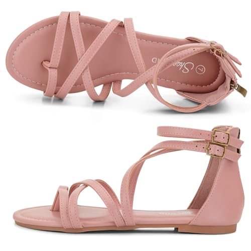 Image of Shoe Land Gladiator Sandals for Women - Strappy Flat Sandals with Ankle Strap & Back Zipper | Fisherman Thong Strappy Style for Walking, & Daily Wear | Trendy 2025 Summer