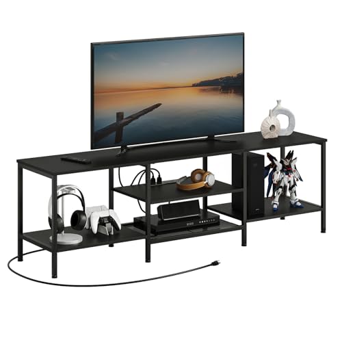 Image of HOOBRO TV Stand with Power Outlets to 75 Inches, TV Console Table with Open Storage Shelves Cabinet, Industrial Media Entertainment Center for Living Room Bedroom, Black BB60DS01