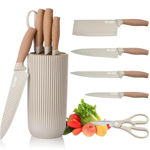 Messer Set, 6-teiliges Khaki Scharfes Messerblock Set für Küche, Antihaft Rutschfestes...