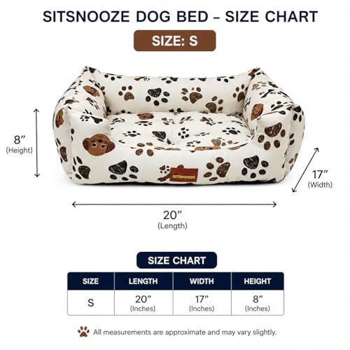 Image of SITSNOOZE Small Dog Bed (Up to 5kg) for Shih Tzu, Pomeranian, Chihuahua Puppies - Plush Soft Washable Bed, Orthopedic Cushion, Indoor Waterproof Anti-Slip Bottom Pet Mattress (Beige Printed, S)