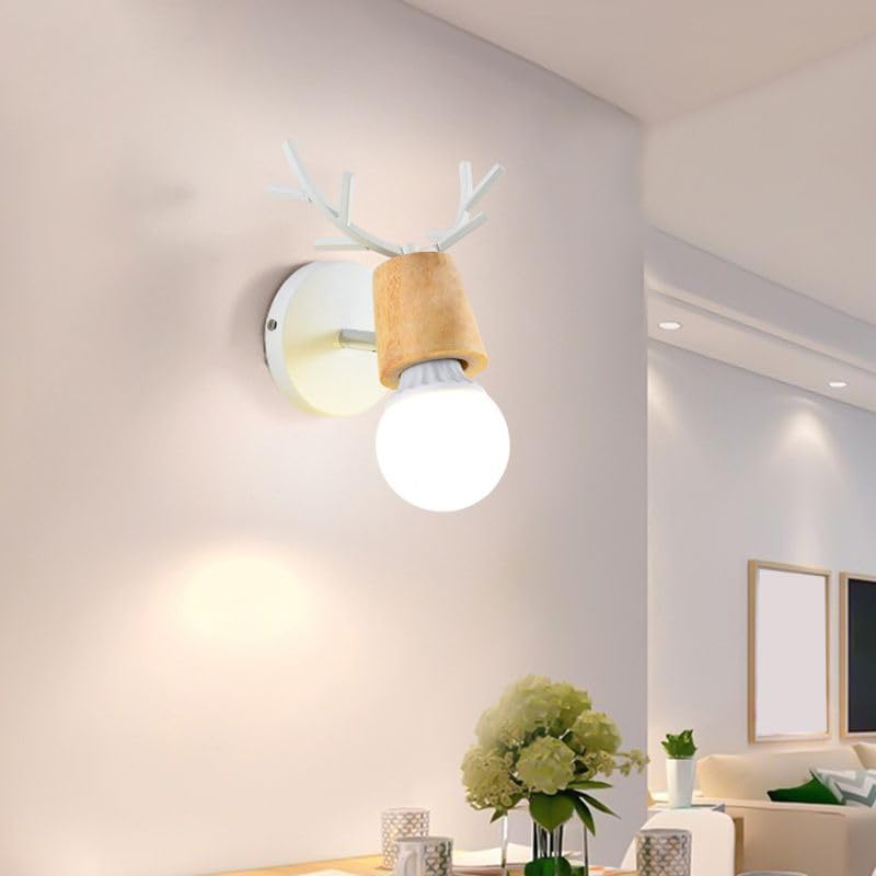Image of LITFAD Minimalist Wall Sconce Deer Horn Shape Wall Light Modern Wall Mounted Lamps Single Light Exposed Bulb Design Wall Lighting Fixtures for for Hallway, Bedroom, Living Room, Bathroom,White-Wood