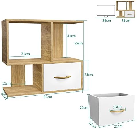 YITAHOME Desktop Bookshelf with Drawers, Upgraded Sturdy Bookcase Organizer Shelf, Display Table Storage Shelf for Home Office, Living Room, Study Room, Oak Color Book Shelf
