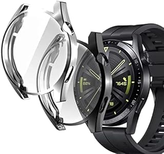 Shock Proof TPU Flexible Protective Case with Screen Protector for Huawei Smartwatch GT 3 (46mm, Black+Silver) - Pack of 2