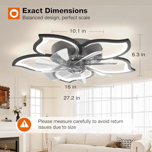 Image of addlon Ceiling Fans with Lights and Remote, 27'' Low Profile Flush Mount Ceiling Fan, 3000-6000K Dimmable LED Fandelier, Flower Fan Light for Bedroom, Kitchen, Living Room, Black