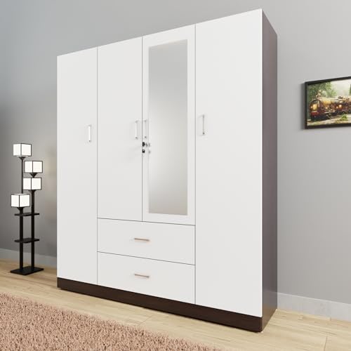 Image of VIKI Wardrobe | Wooden Almirah for Clothes,Door for Bedroom, 4 Door Wardrobe with Drawer, Mirror & Hanging Space (Dark Wenge, Frosty White - 40D x 160W x 180H) | 1 Year Warranty | Free Assembly